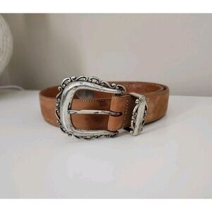 Vintage Brighton Tan‎ Brown Womens Leather Belt Etched Silvertone Buckle  Size S